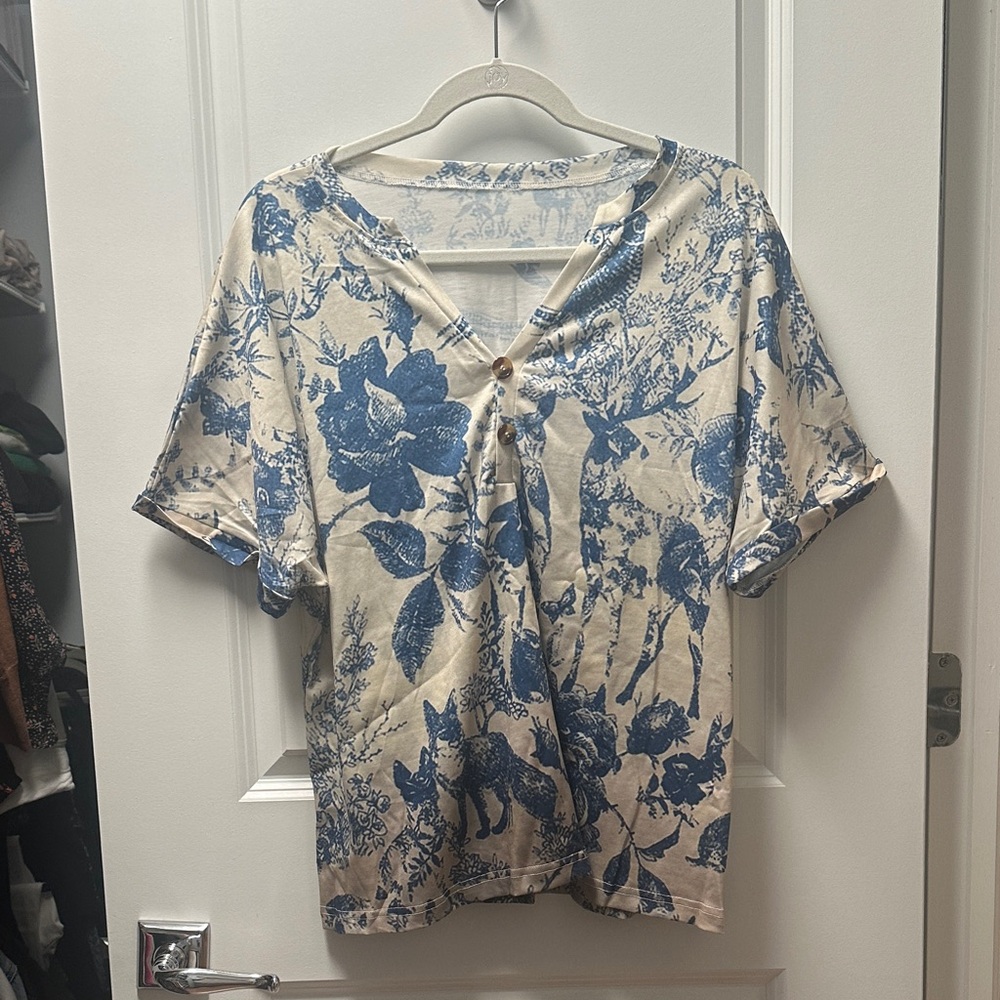 Floral Blue and Cream Women's Top